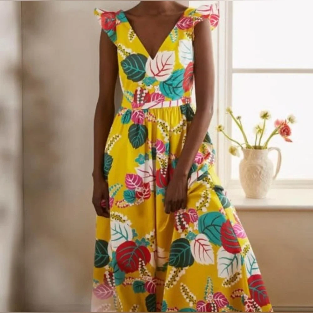 Boden Andrea Womens Plus Frill Sleeve Yellow Tropical Beach Maxi Dress Sz 20/22W - Picture 2 of 12